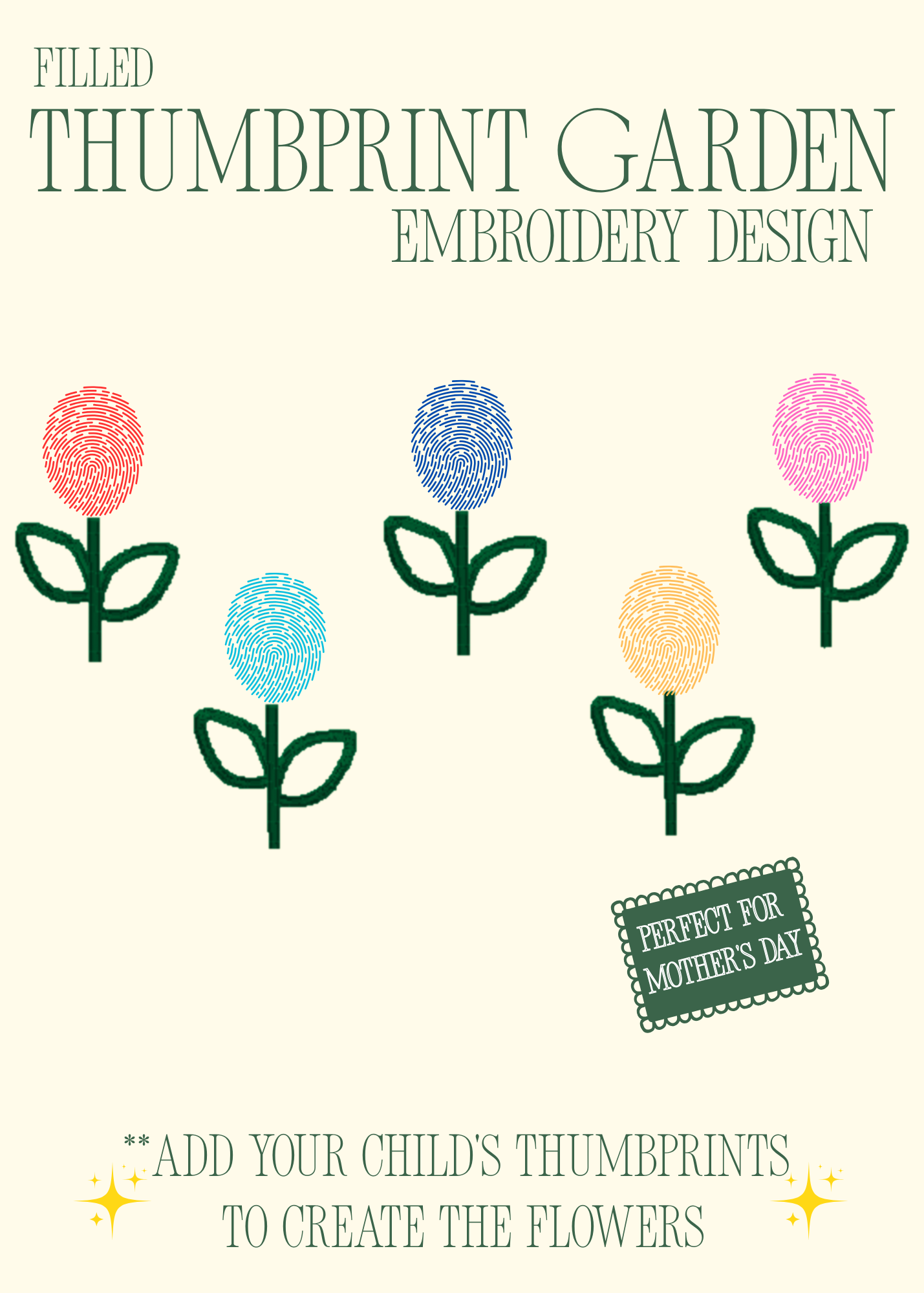 Thumbprint Garden Embroidery Design - Unfilled - Machine Embroidery File - 5x2 Inches