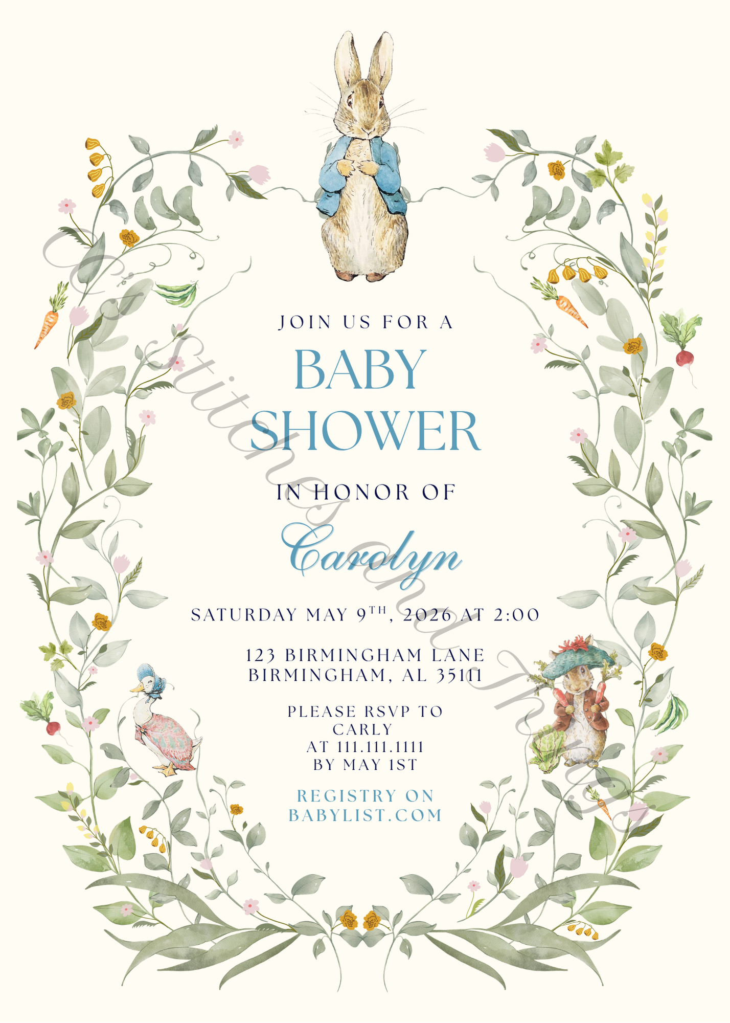 Peter Rabbit Baby Shower Invitation Suite (Editable Canva Template)