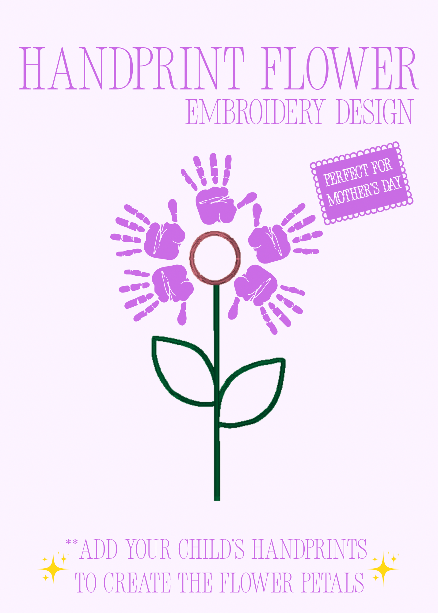 Handprint Flower Embroidery Design - Unfilled - Machine Embroidery File - Sizes 3, 5, and 6 Inch