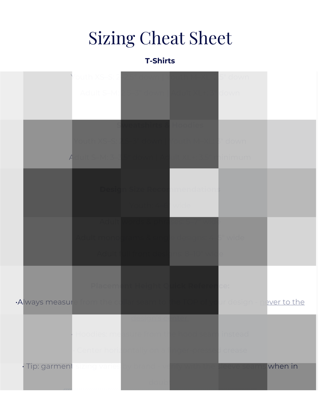 Center Chest Guide preview - sizing cheat sheet